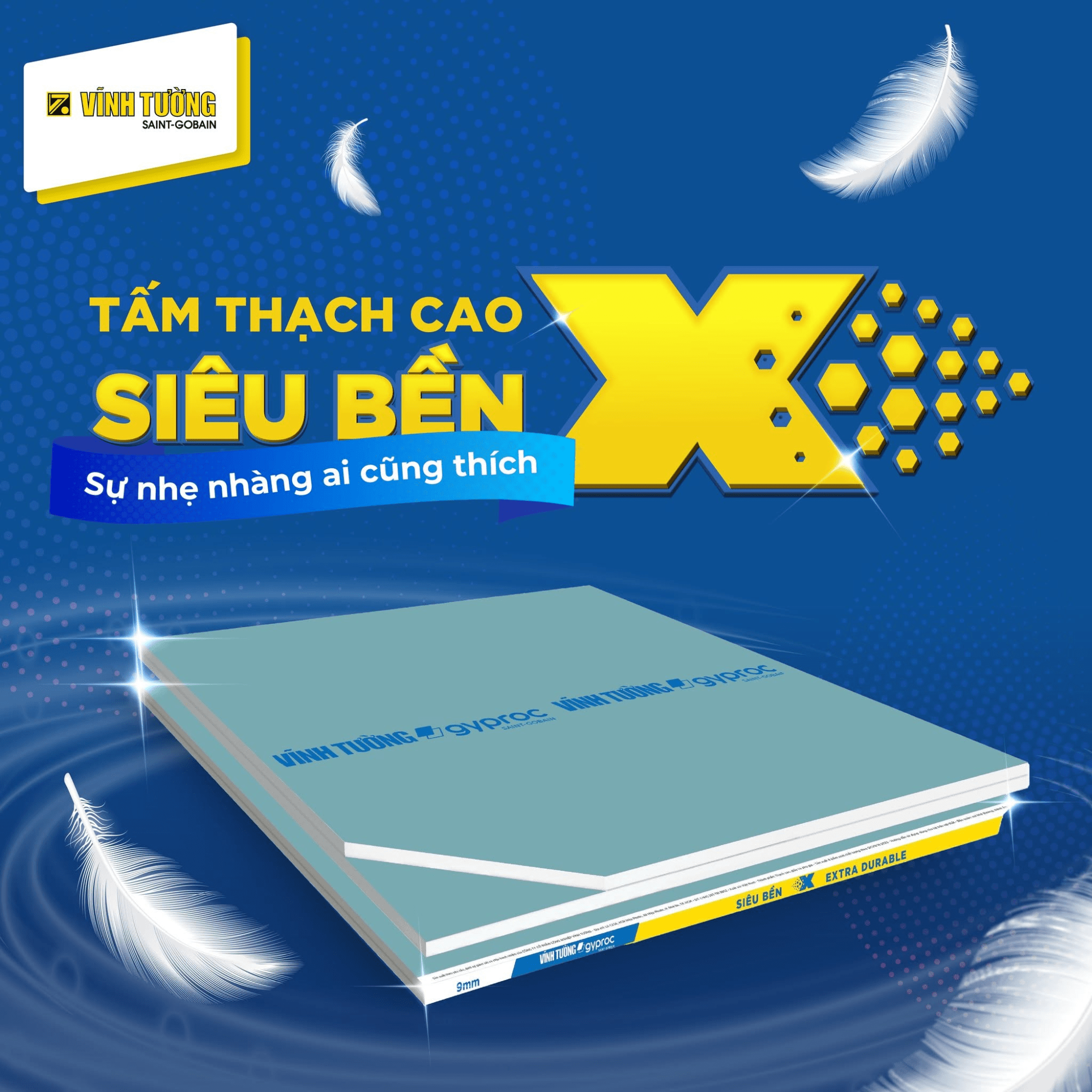 Tấm thạch cao Vĩnh Tường Siêu Bền X có trọng lượng nhẹ, chống võng tốt, giữ trần chắc chắn theo năm tháng 