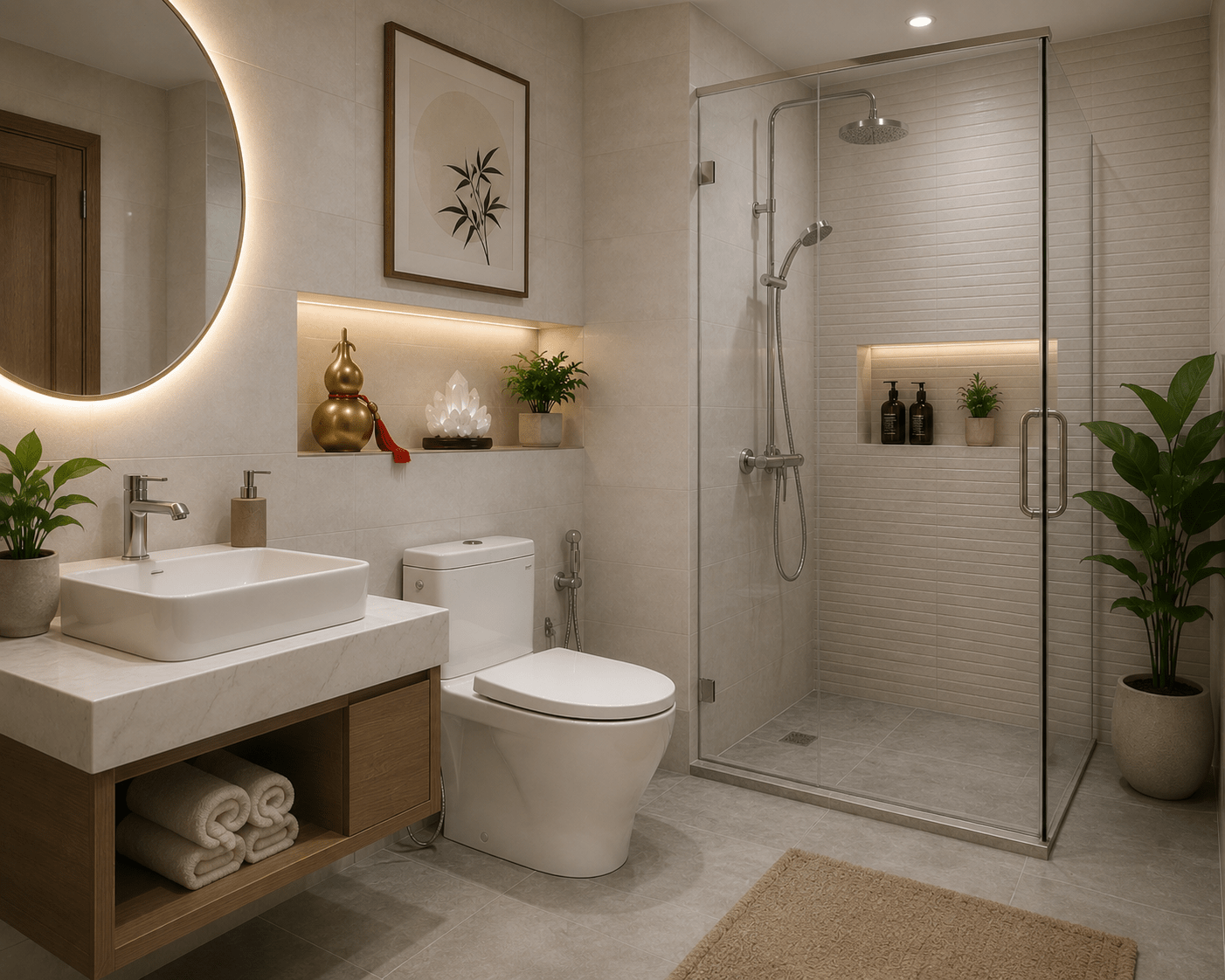 Các vật phẩm phong thủy thường được sử dụng để hỗ trợ cân bằng năng lượng trong nhà vệ sinh