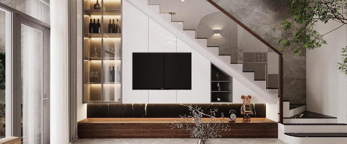 tối ưu diện tích bằng cách lắp đặt tivi dưới gầm cầu thang