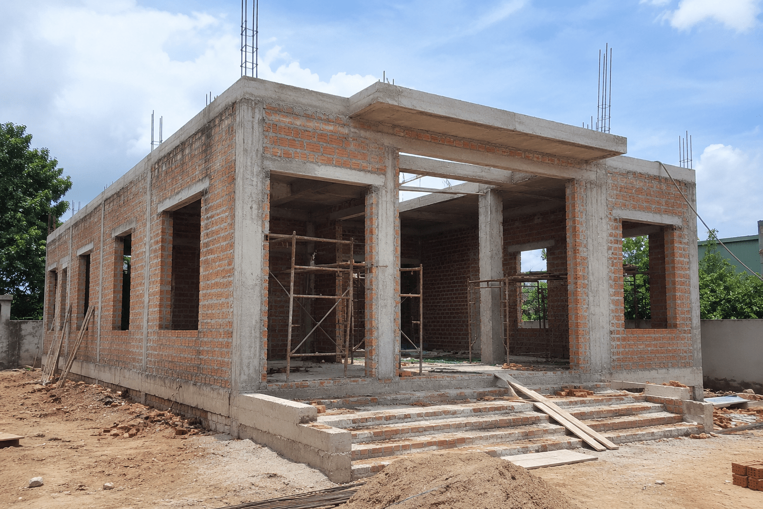Chi phí phần thô gồm các hạng mục chính như móng, cột, dầm, sàn cùng vật liệu xây dựng và nhân công thi công