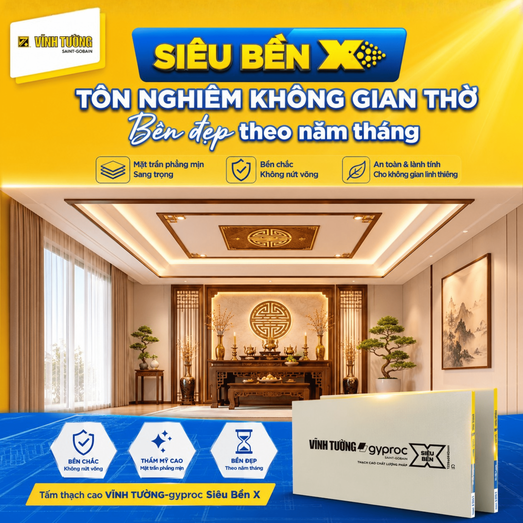 Chiều cao trần hợp lý góp phần tạo nên không gian thờ cúng thông thoáng và trang nghiêm