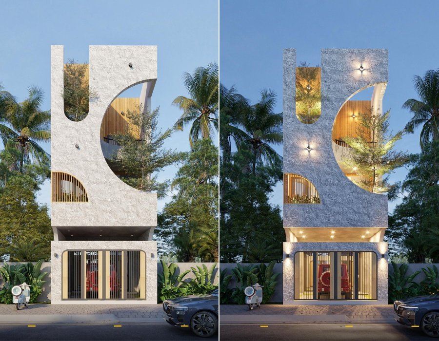 Mẫu mặt tiền nhà hướng Tây với cây xanh và logia chống nắng hiệu quả