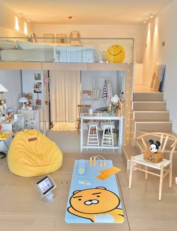 Decor phòng trọ 15m2 có gác lửng phong cách hoạt hình