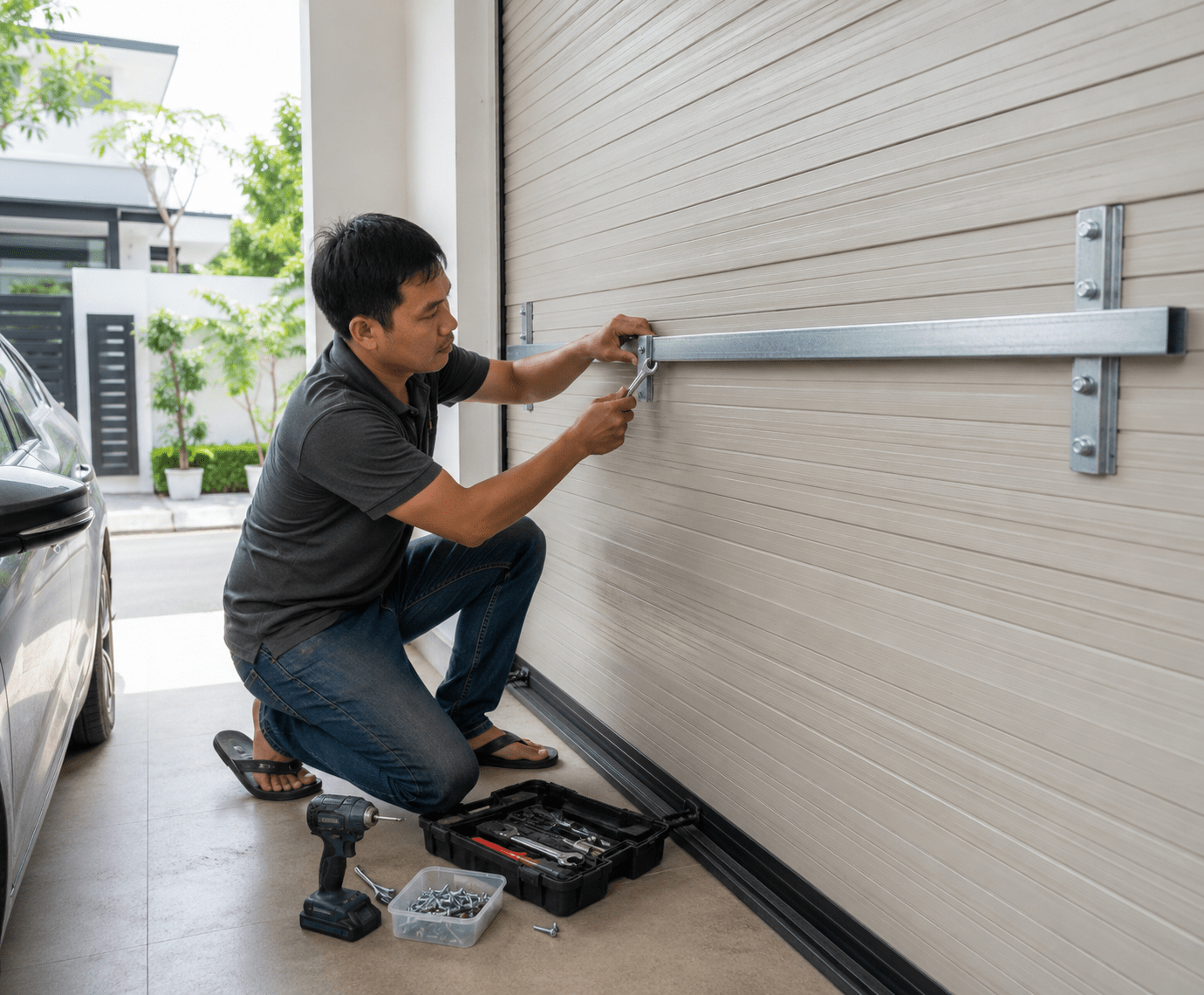 Gia chủ nên cân nhắc lắp thanh chống bão đúng kỹ thuật để tăng độ ổn định cho thân cửa