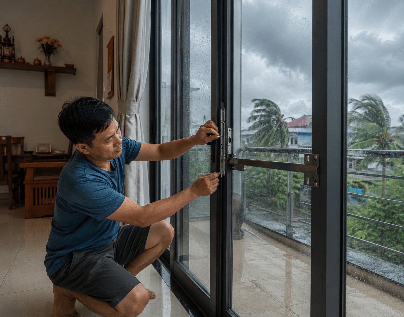 Gia cố cửa chống bão khu vực cửa kính và ban công bảo vệ an toàn không gian bên trong nhà 