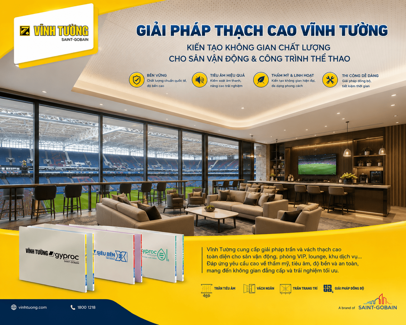Giải pháp trần/vách thạch cao Vĩnh Tường đáp ứng các tiêu chuẩn khắt khe của công trình đông người như hội trường, trung tâm thể thao, khu sự kiện