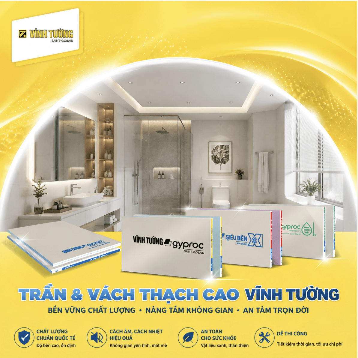 Hệ giải pháp trần và vách thạch cao Vĩnh Tường kiến tạo không gian bền vững, thẩm mỹ và tối ưu cho mọi công trình