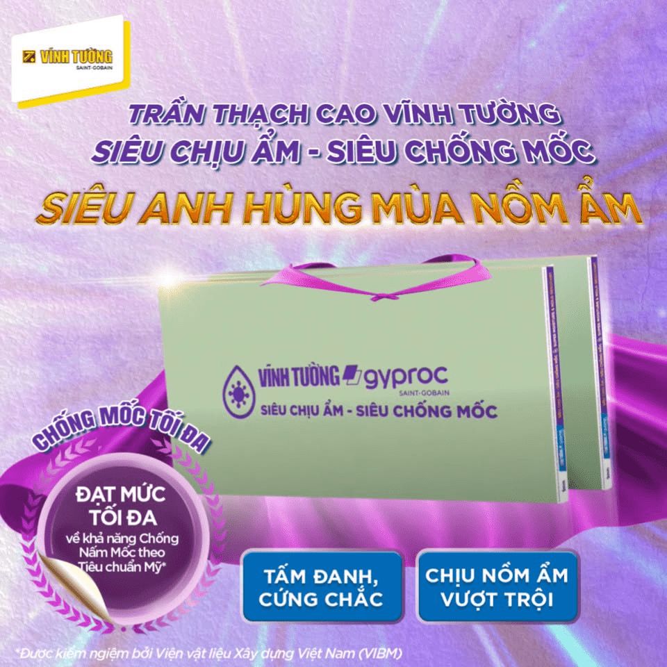 Hệ trần kết hợp Tấm Thạch Cao Siêu Chịu Ẩm – Siêu Chống Mốc VĨNH TƯỜNG-gyproc với khung trần chìm Vĩnh Tường BASI® Plus