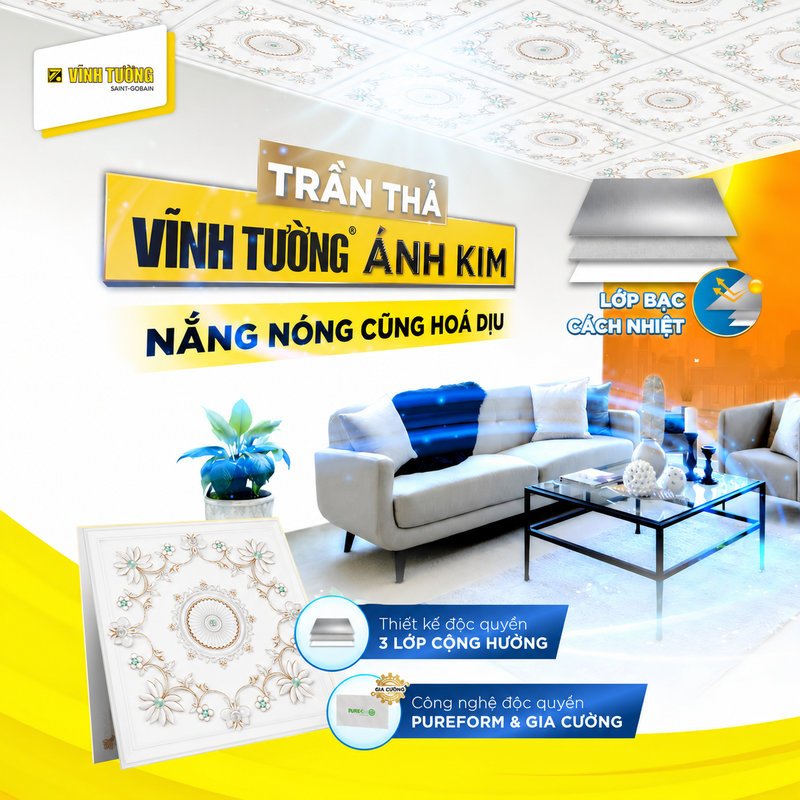 Hệ trần thả Vĩnh Tường Ánh Kim giúp giảm nhiệt trong không gian đến 5°C so với tấm thông thường