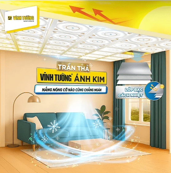 Tấm trần thả Vĩnh Tường Ánh Kim cho không gian đẹp - mát - bền (Nguồn: Vĩnh Tường)