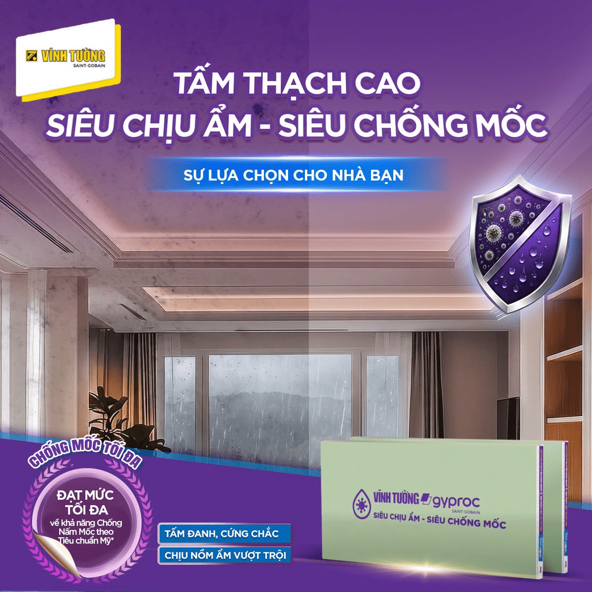 Hệ trần thạch cao Vĩnh Tường Siêu Chịu Ẩm – Siêu Chống Mốc