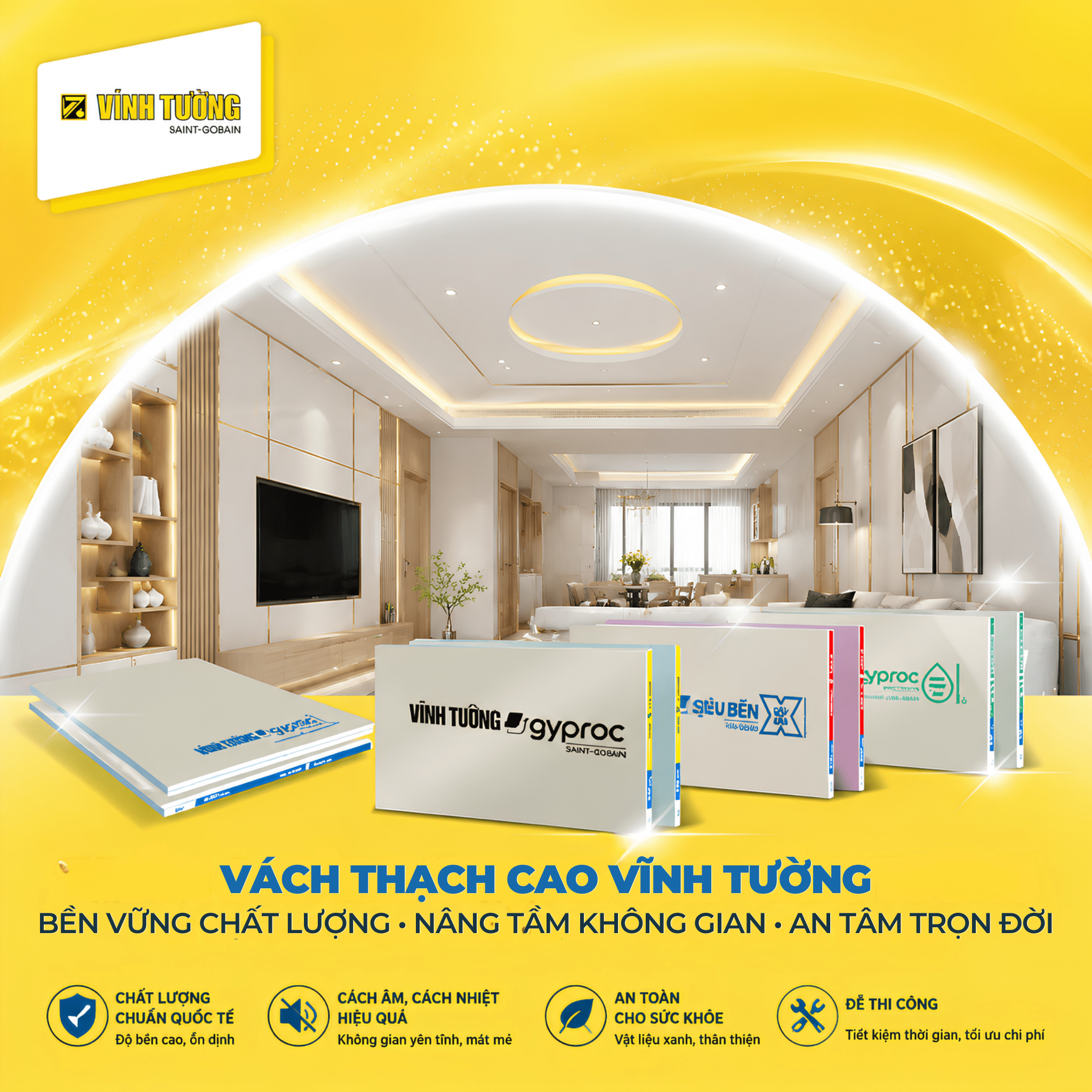 Hệ vách thạch cao Vĩnh Tường có kết cấu nhẹ, phù hợp để phân chia các phòng chức năng trong nhà cấp 4 