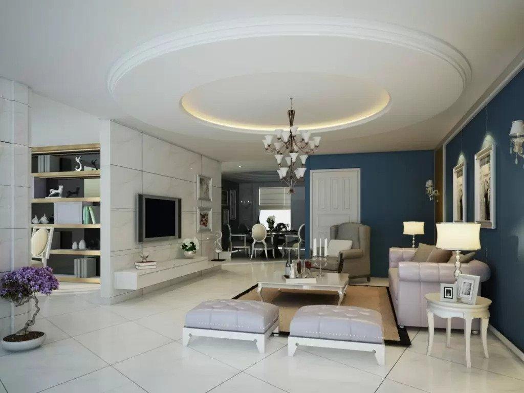 Living room gypsum ceiling secured with a durable ceiling profile system for enhanced stability and long-lasting performance