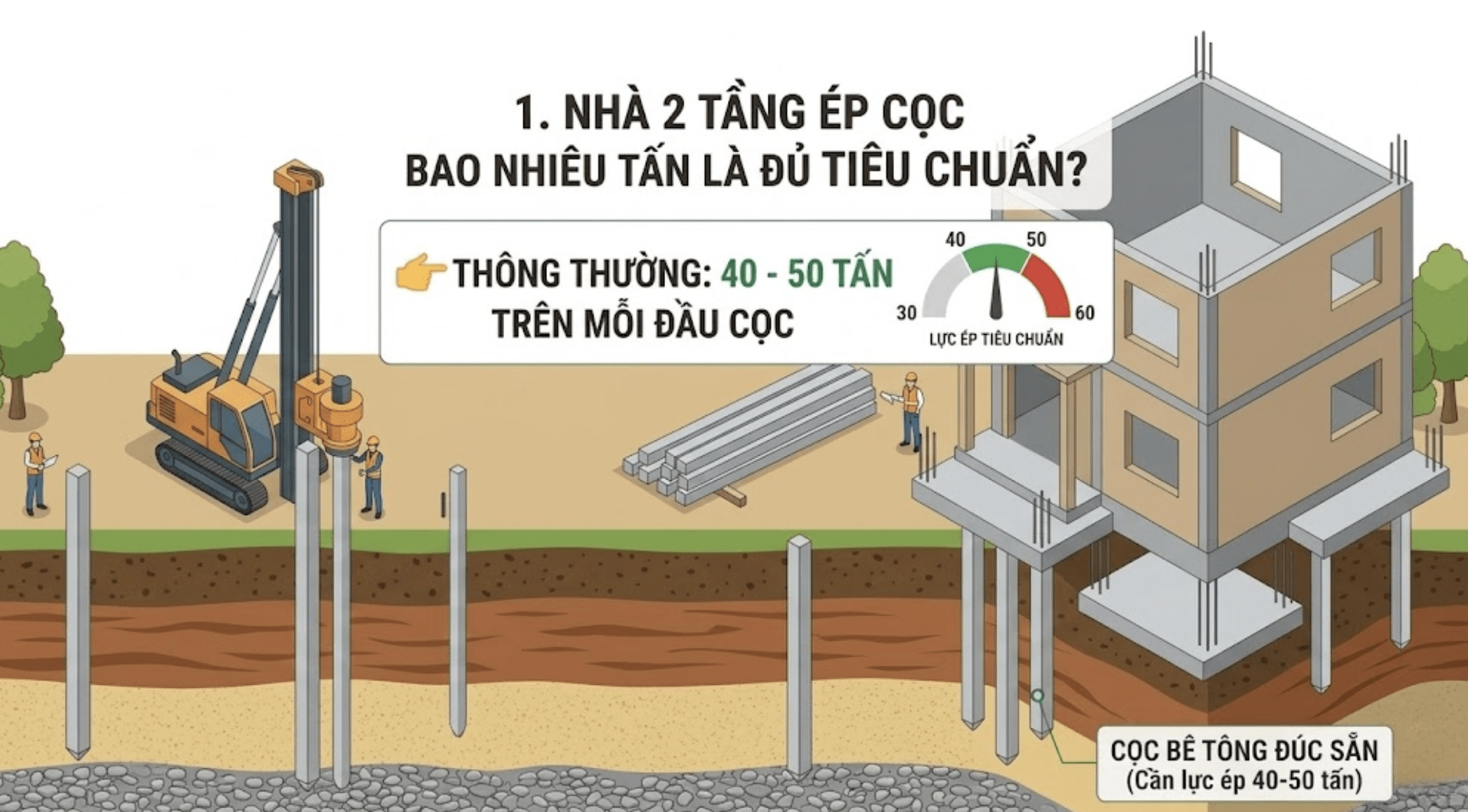 Lực ép cọc thực tế thường dao động từ 40 - 50 tấn trên mỗi đầu cọc