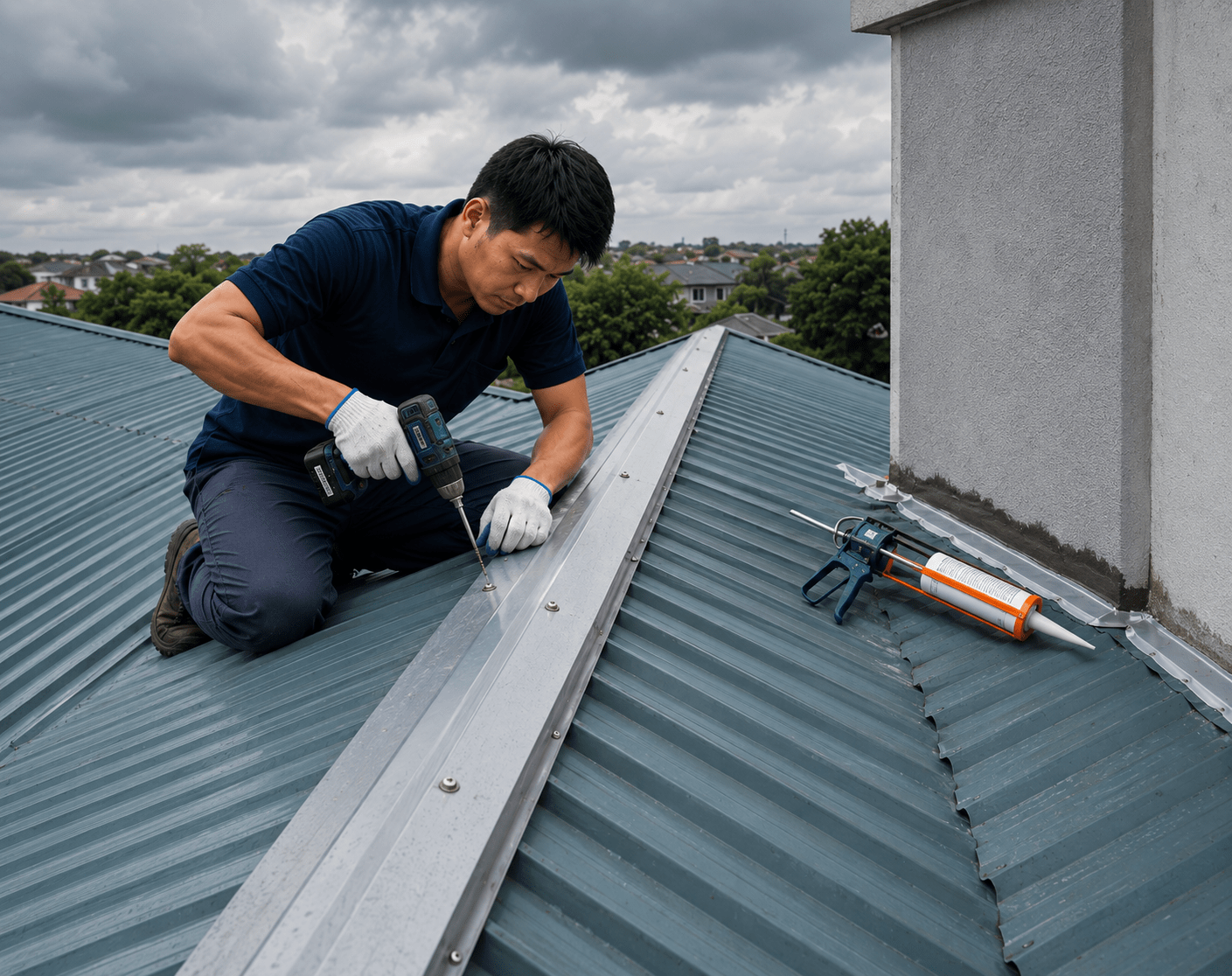 Mái tôn được kiểm tra và xử lý tăng độ ổn định trước những đợt gió mưa kéo dài 