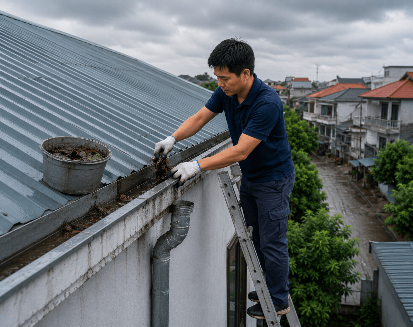 Máng xối được dọn sạch lá cây và bùn đất để nước mưa thoát nhanh, không tràn ngược vào mái