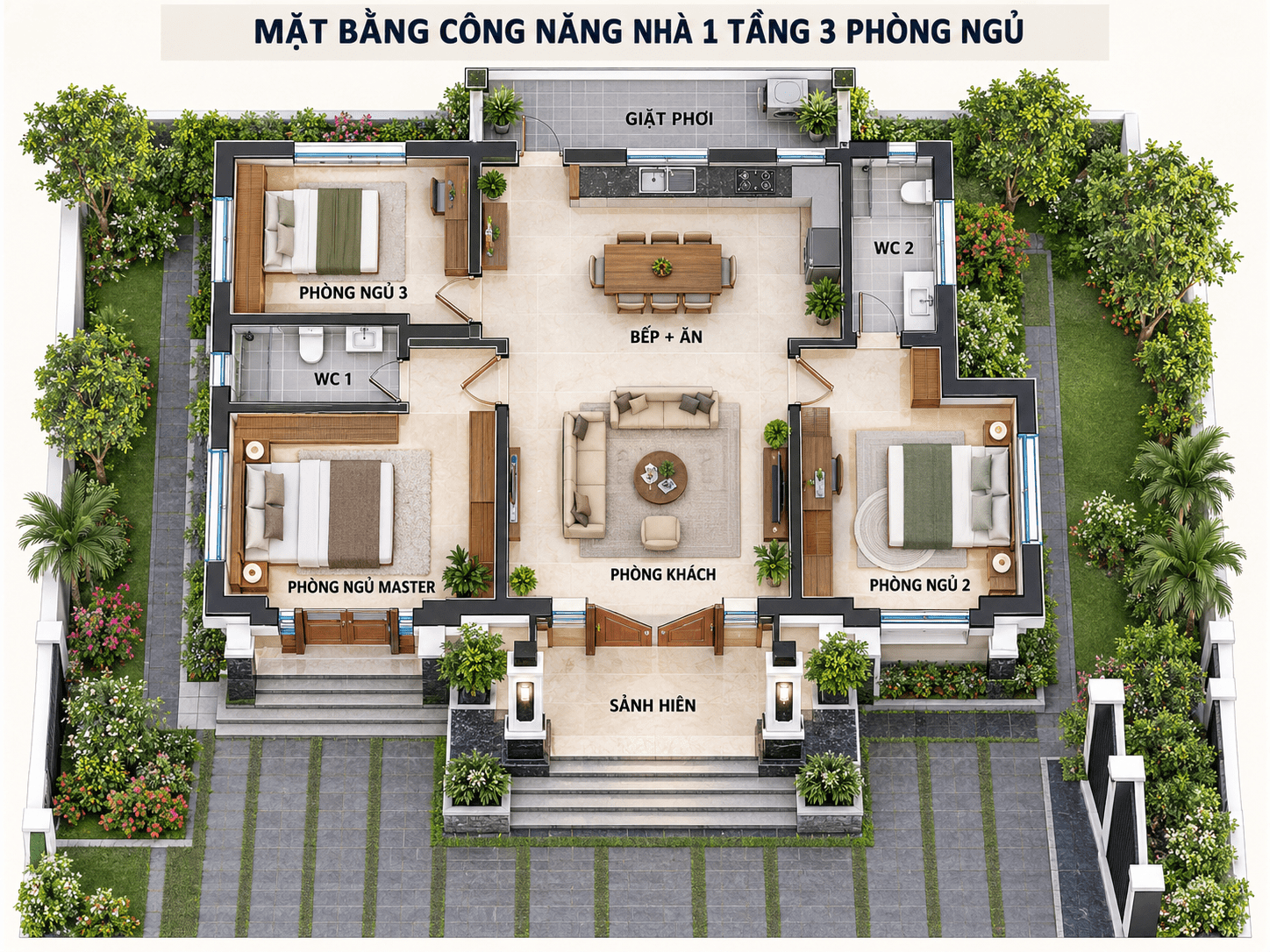 Mặt bằng công năng nhà cấp 4 mái Thái 3 phòng ngủ mái ngói