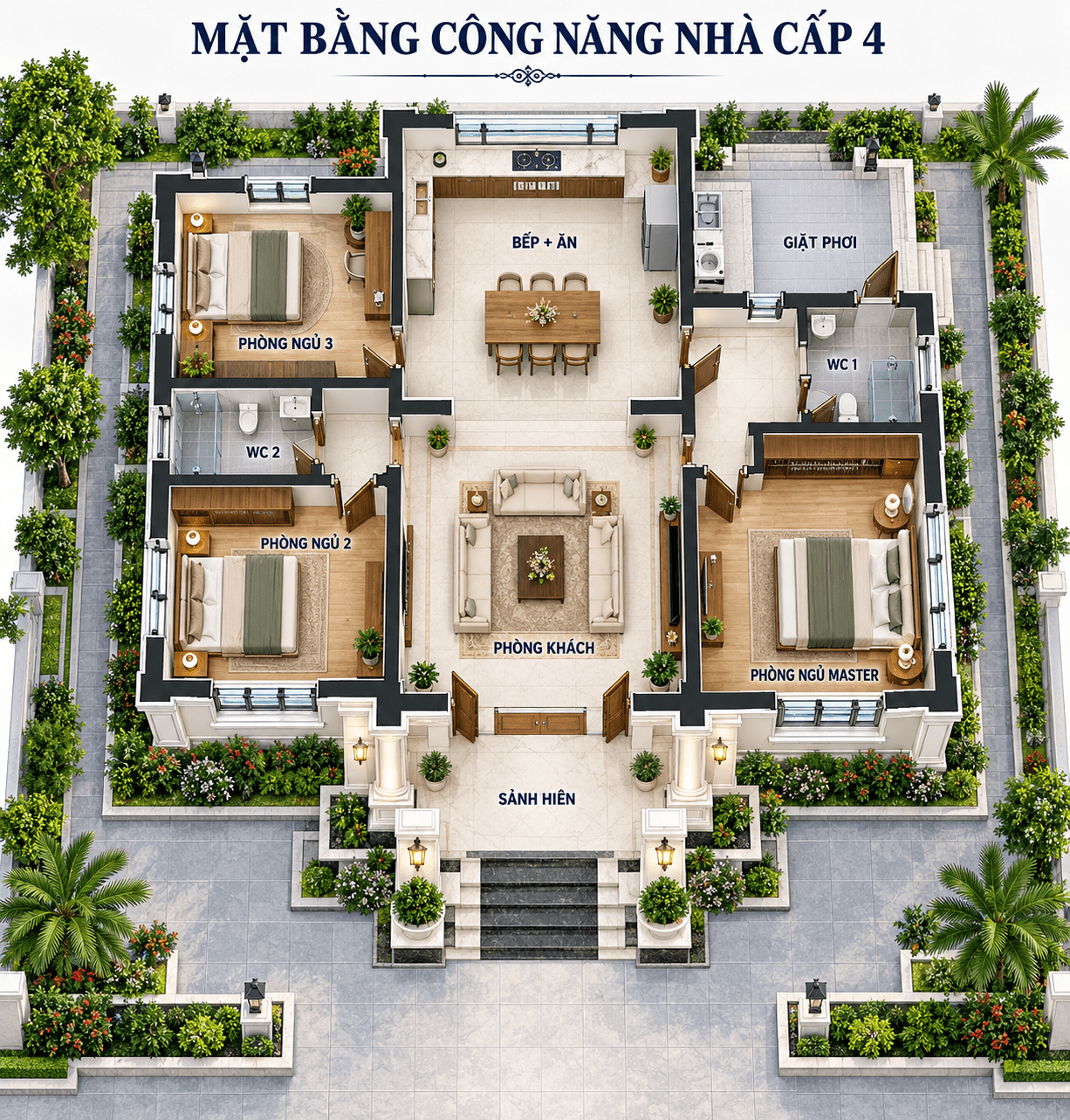 Mặt bằng công năng nhà cấp 4 mái Thái tân cổ điển
