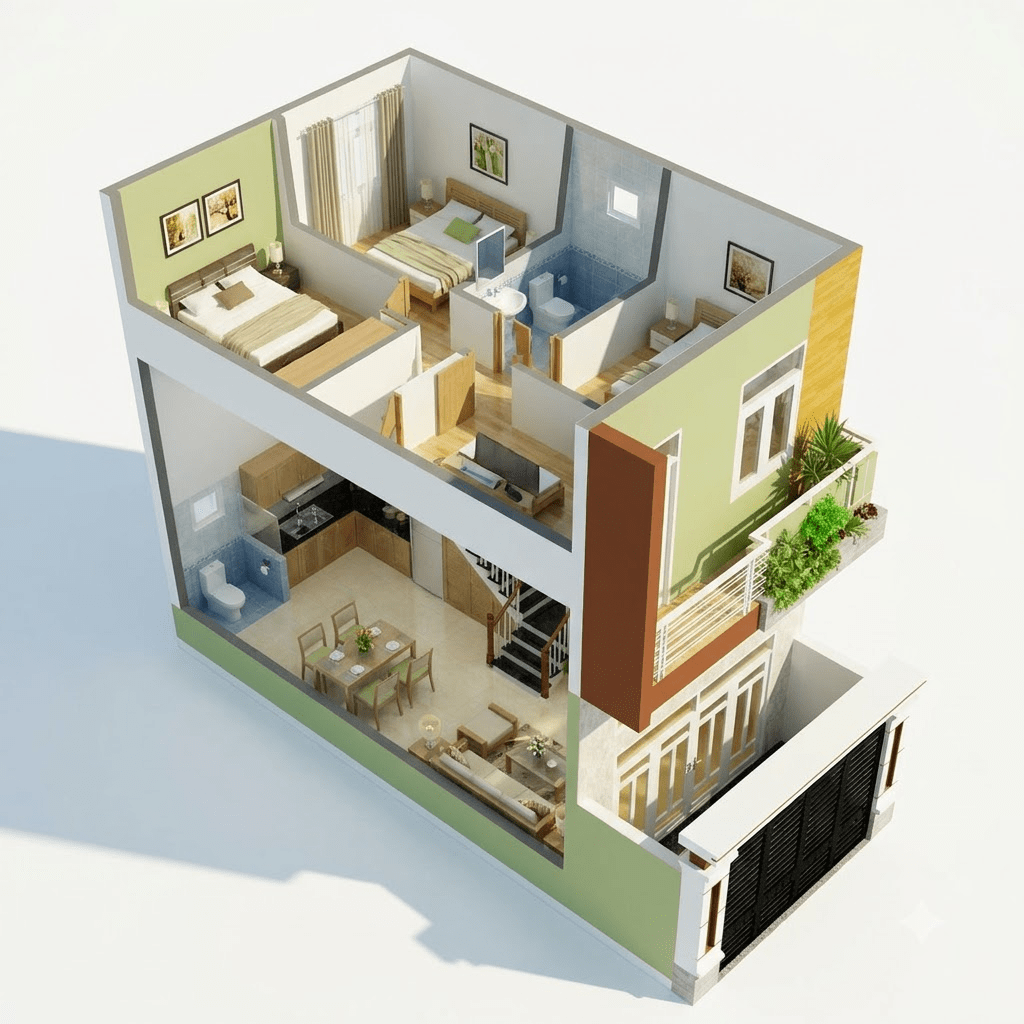 Mặt bằng công năng nhà ống 2 tầng 3 phòng ngủ cho gia đình trẻ có con nhỏ