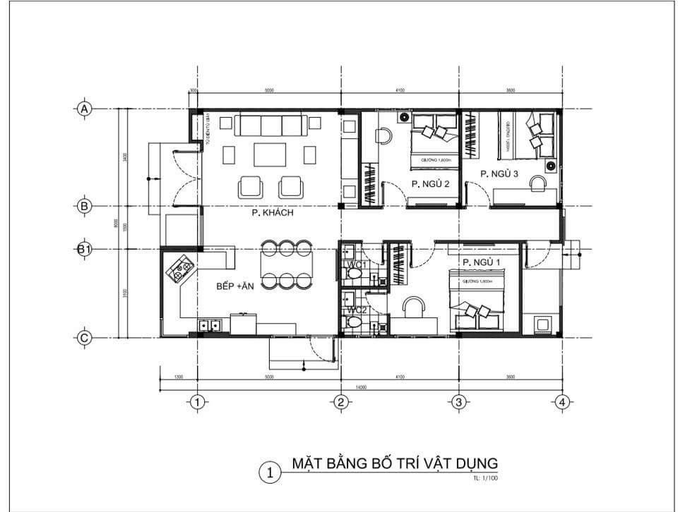 Mặt bằng mẫu nhà cấp 4 chữ L mái Nhật 3 phòng ngủ
