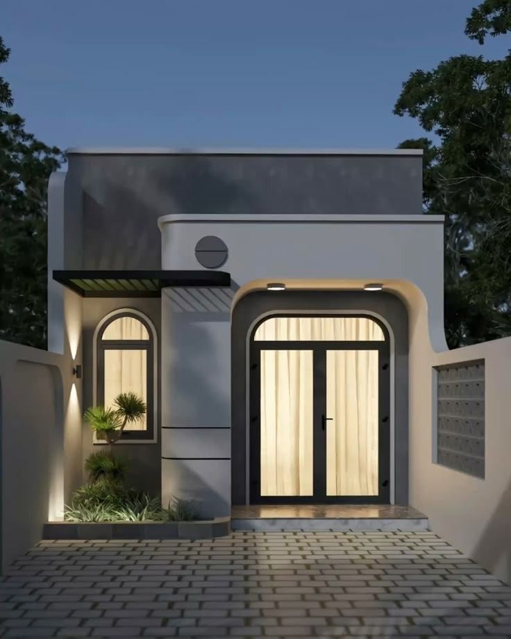 Sự kết hợp giữa hình khối độc đáo và màu sắc hài hòa giúp mặt tiền nhà cấp 4 gác lửng 5x16m ấn tượng nổi bật giữa dãy phố