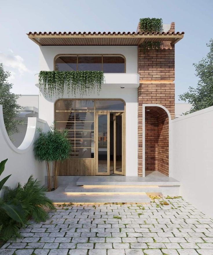 Việc sử dụng gam màu trung tính cùng vật liệu như kính và thép giúp mặt tiền nhà gỗ đẹp có gác lửng 5x20m phong cách hiện đại thêm phần tinh tế