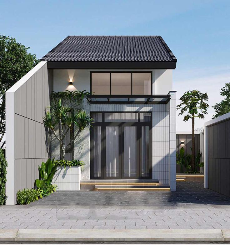 Nhờ chiều dài lý tưởng, mặt tiền nhà cấp 4 chữ L gác lửng 5x20m phong cách hiện đại có thể dễ dàng bố trí sân trước, ban công hoặc gara ô tô tiện nghi