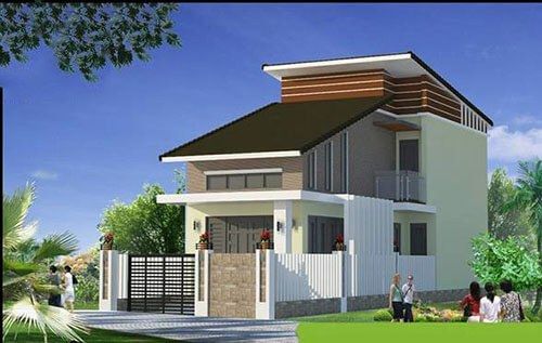 Mặt tiền mẫu nhà 2 tầng đẹp thiết kế mái lệch có gác lửng tạo cảm giác năng động và phá cách