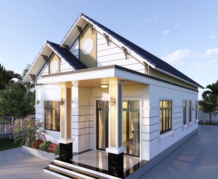 Mặt tiền nhà cấp 4 mái Thái 3 phòng ngủ có gác lửng sang trọng nổi bật với phần mái cao, giúp công trình thêm phần bề thế và thoáng đãng