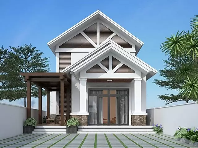 Kiến trúc đối xứng và các chi tiết trang trí nhẹ nhàng tạo nên mặt tiền nhà mái Thái 1 tầng có gác lửng sang trọng, phù hợp với cả nông thôn và thành thị