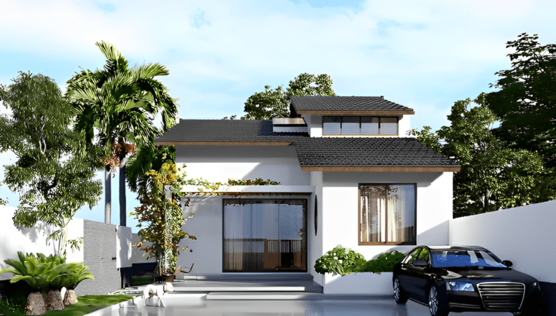 Mặt tiền nhà mái Nhật cấp 4 gác lửng hiện đại mang nét nhẹ nhàng với độ dốc mái vừa phải, tạo sự thanh thoát cho toàn bộ công trình