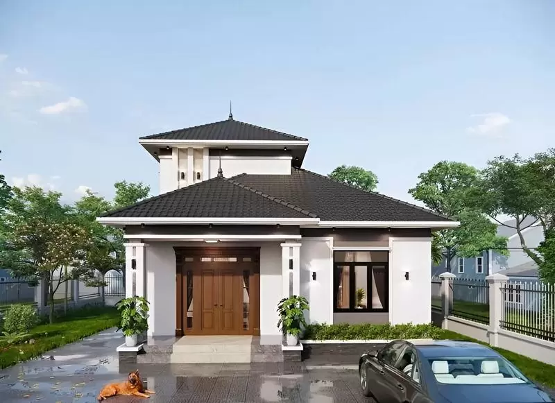 Gam màu trung tính cùng các chi tiết tối giản giúp mặt tiền nhà mái Nhật 1 tầng có gác lửng hiện đại trở nên tinh tế và gần gũi