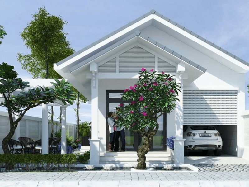 Mẫu mặt tiền nhà cấp 4 gác lửng có gara ô tô giúp tối ưu không gian cho gia đình sử dụng xe riêng mà không ảnh hưởng đến diện tích sinh hoạt