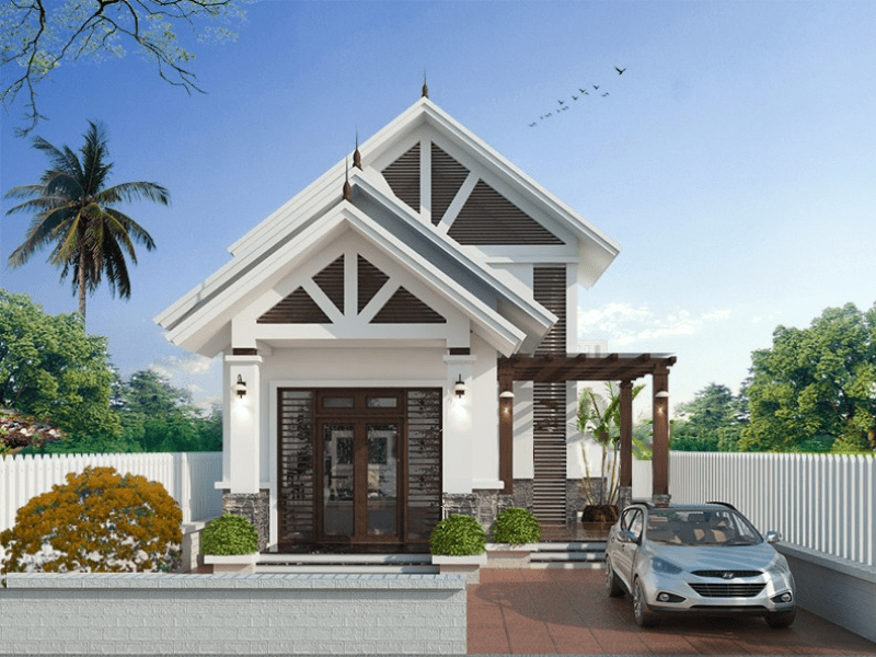 Thiết kế lối vào rộng rãi và bố cục hợp lý khiến mẫu mặt tiền nhà cấp 4 gác lửng có gara ô tô trở nên tiện nghi và hiện đại hơn