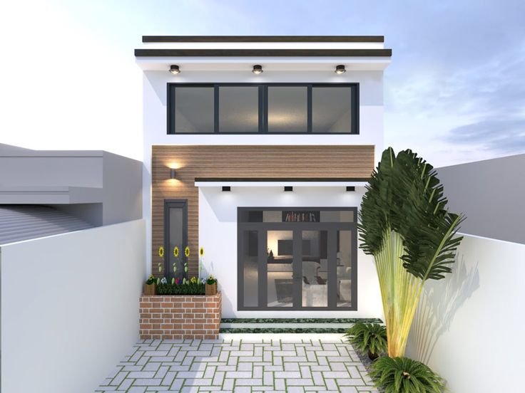 Mặt tiền nhà gác lửng 5m phong cách Scandinavia thanh lịch thường nổi bật với gam màu trắng sáng và chi tiết gỗ tự nhiên mộc mạc