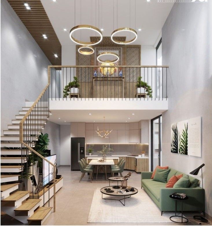 Mặt tiền nhà gác lửng 5m phong cách Scandinavia với thiết kế phòng thờ đẹp