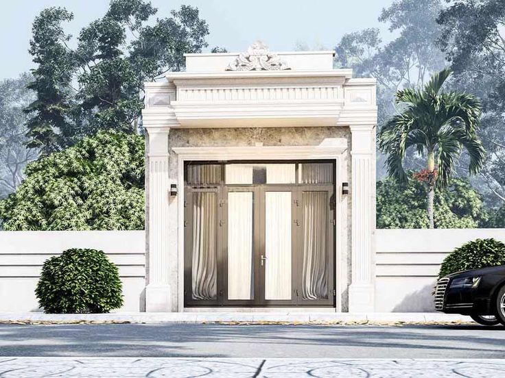 Sự kết hợp giữa hình khối cân đối và màu sắc nhã nhặn giúp mặt tiền nhà gác lửng 5m phong cách Tân cổ điển sang trọng trở nên nổi bật và cuốn hút