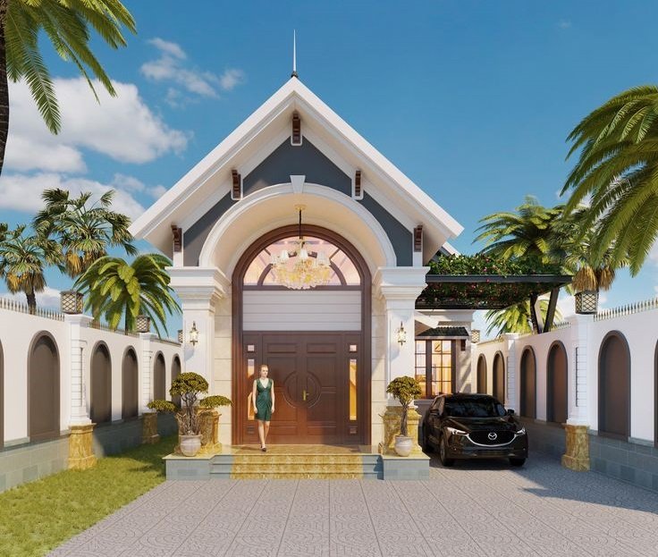 Với thiết kế chú trọng chi tiết và sự hài hòa, mặt tiền nhà gác lửng 5m phong cách Tân cổ điển sang trọng phù hợp với gia chủ yêu thích vẻ đẹp quý phái và lịch lãm