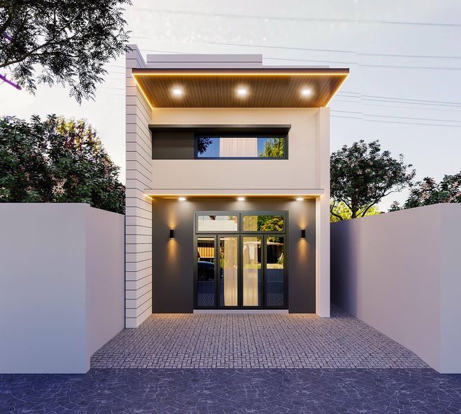 Với đường nét tối giản và bố cục hợp lý, mẫu mặt tiền nhà cấp 4 mái bằng 5x20 có gác lửng 5x12m đơn giản giúp tạo cảm giác rộng rãi và thông thoáng