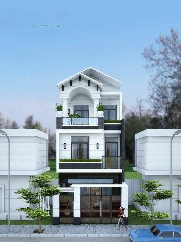 Nhà ống 3 tầng với thiết kế họa tiết đơn giản kết hợp đèn âm trần độc đáo