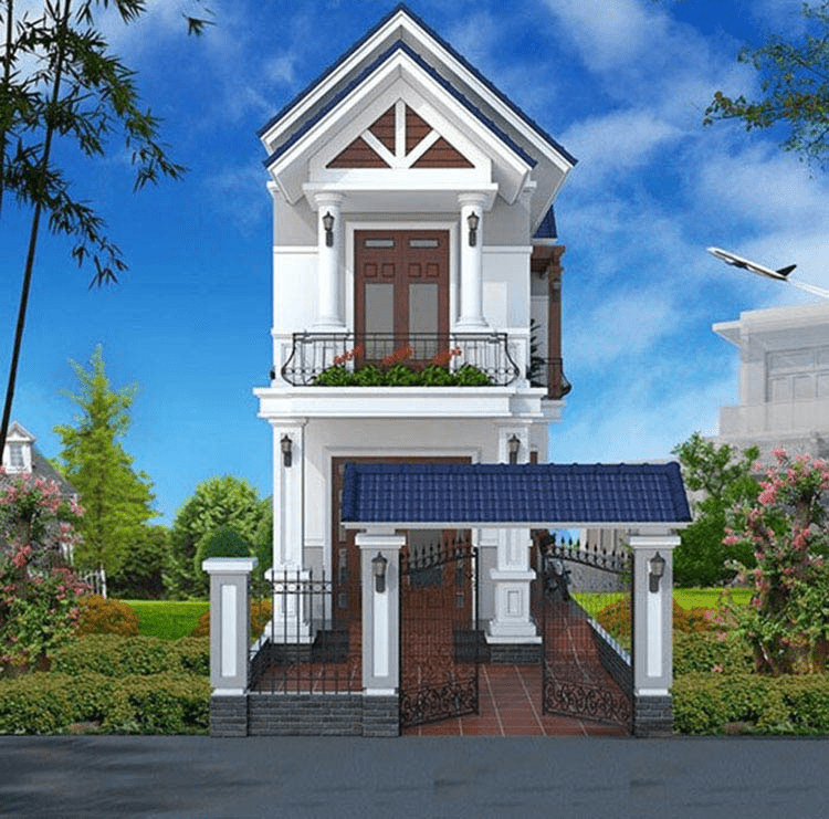 Mẫu bản vẽ nhà ống 2 tầng nông thôn mái Thái giật cấp