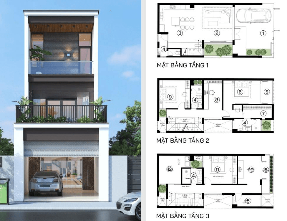 Mẫu bản vẽ nhà ống 3 tầng có gara và 2 ban công
