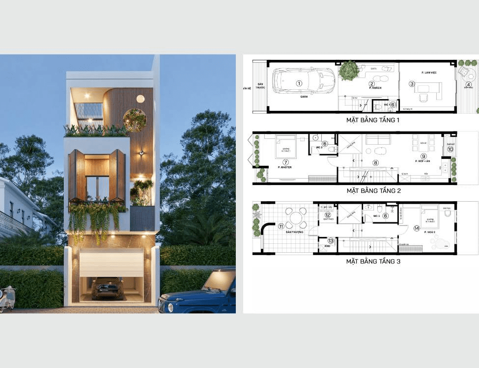 Mẫu bản vẽ nhà ống 3 tầng có gara và giếng trời