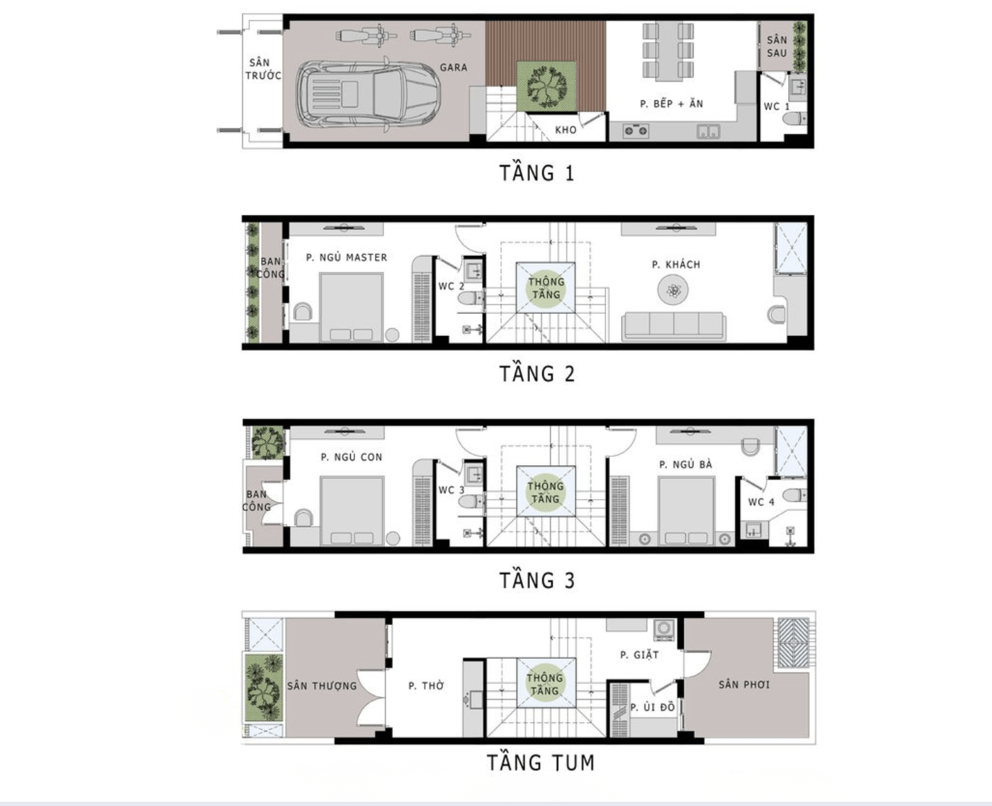 Mẫu bản vẽ nhà ống 4 tầng 4x16m 3 phòng ngủ