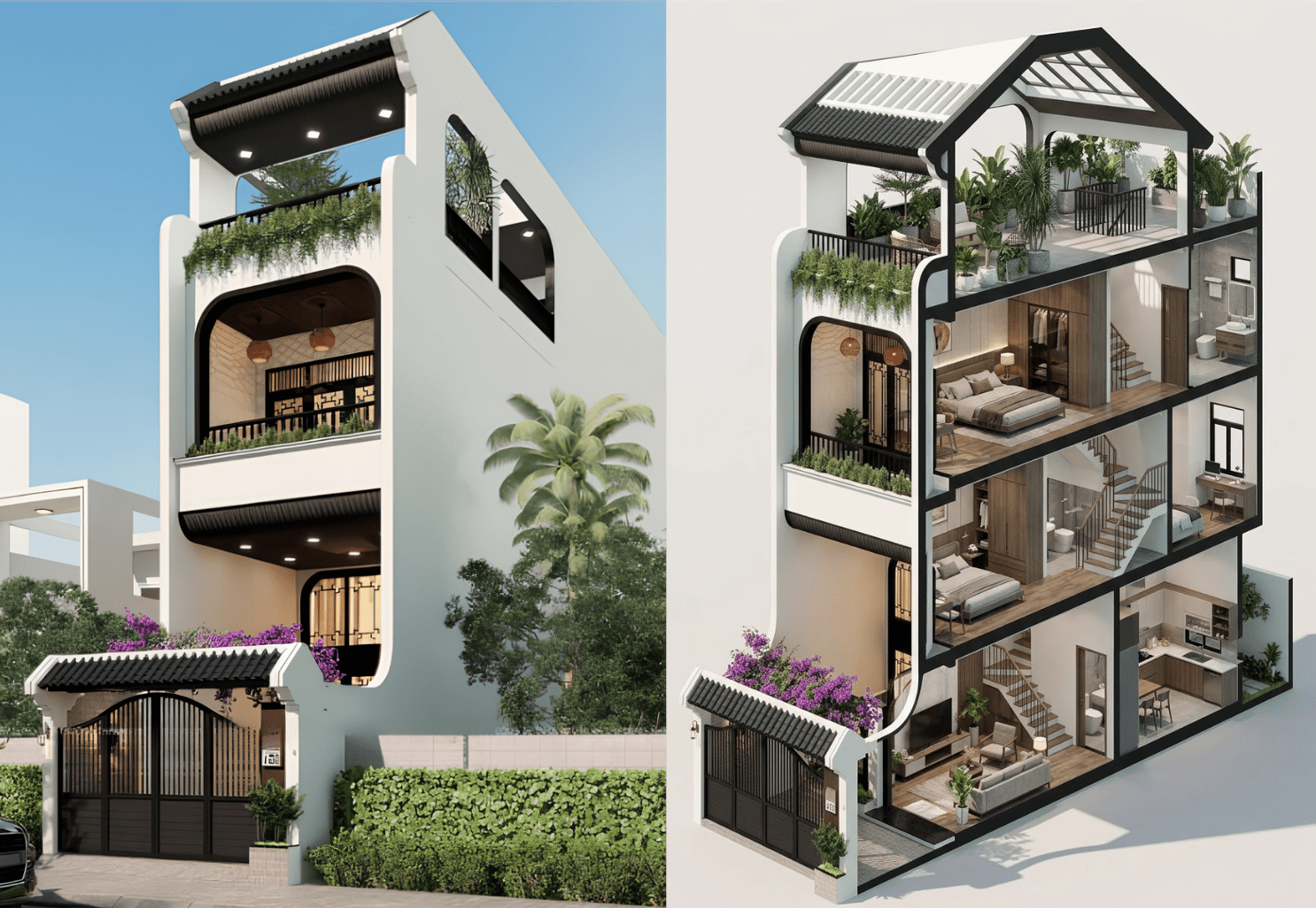 Mẫu bản vẽ nhà ống 4 tầng 4x16m thiết kế mái vòm indochine