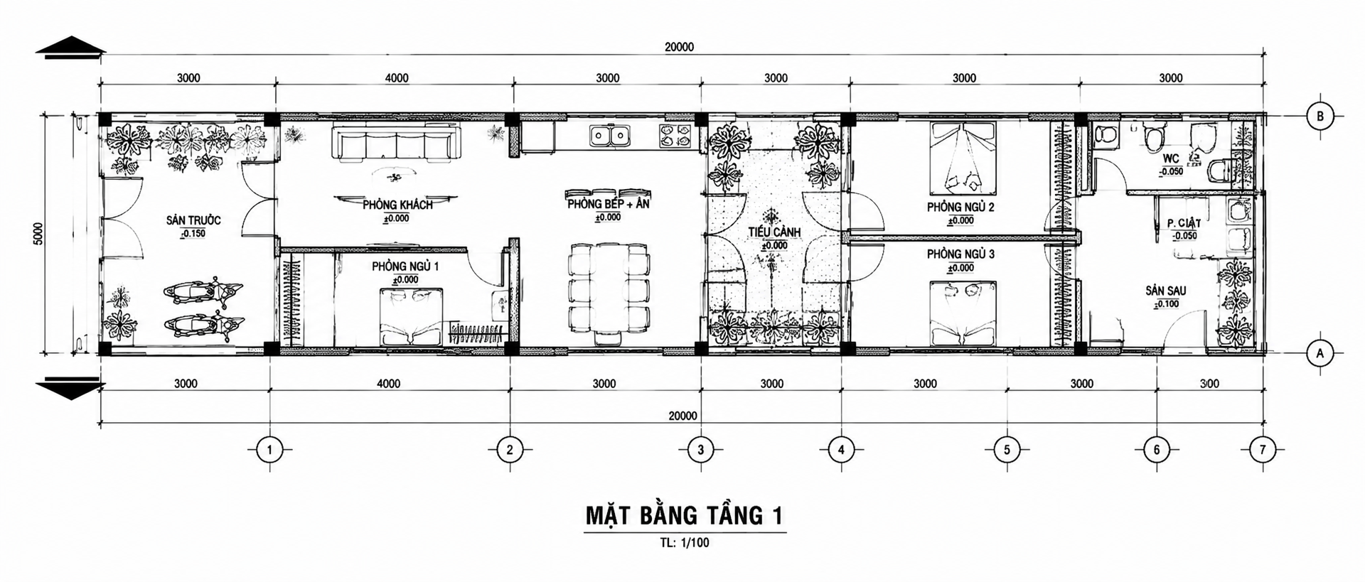 Mẫu bản vẽ tham khảo nhà cấp 4 mái Thái 5x20m