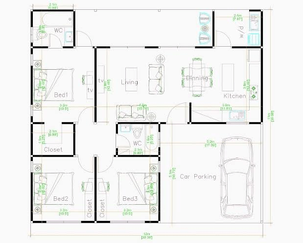 Mẫu bản vẽ tham khảo nhà cấp 4 mái Thái 8x12m chữ L