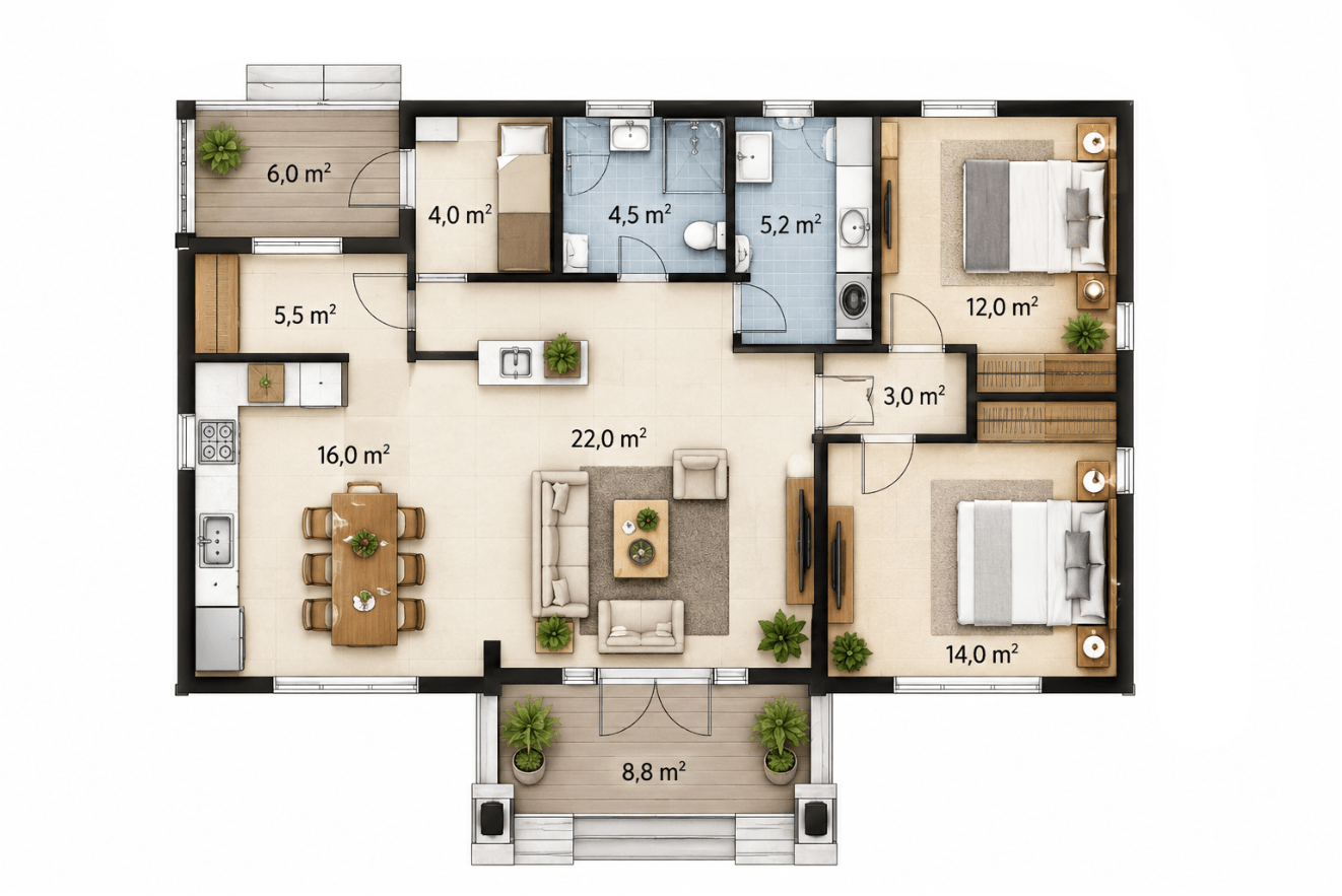 Mẫu bố trí công năng nhà cấp 4 mái Thái 100m2