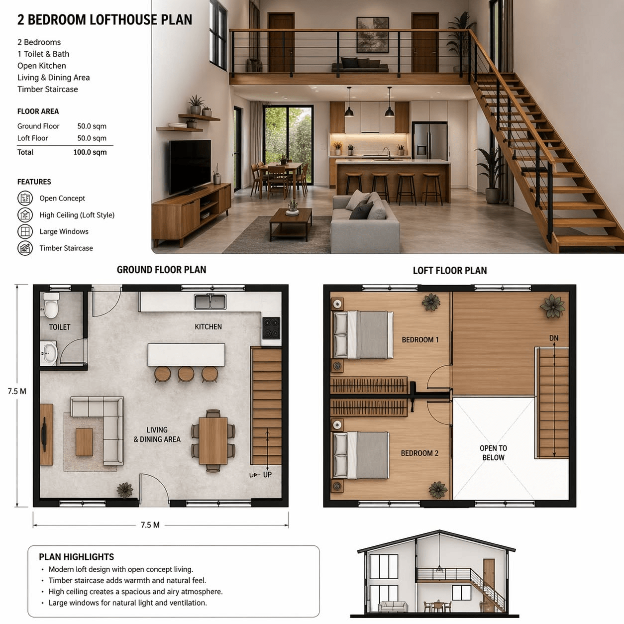 Mẫu bố trí công năng nhà cấp 4 mái Thái 8x12m có gác lửng