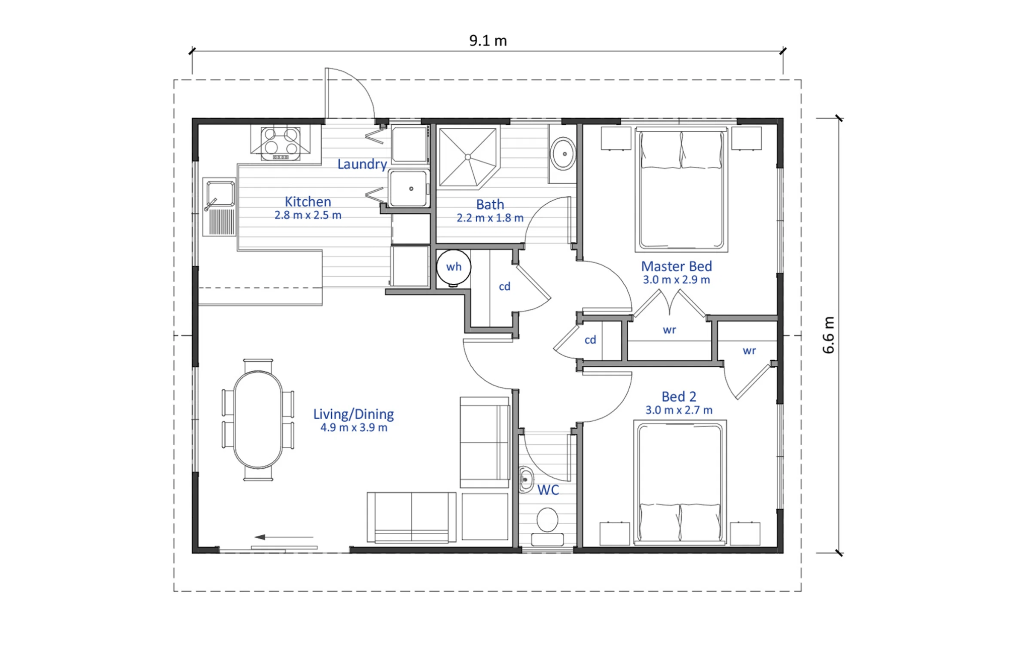 Mẫu mặt bằng bố trí công năng nhà cấp 4 mái Thái 60m2